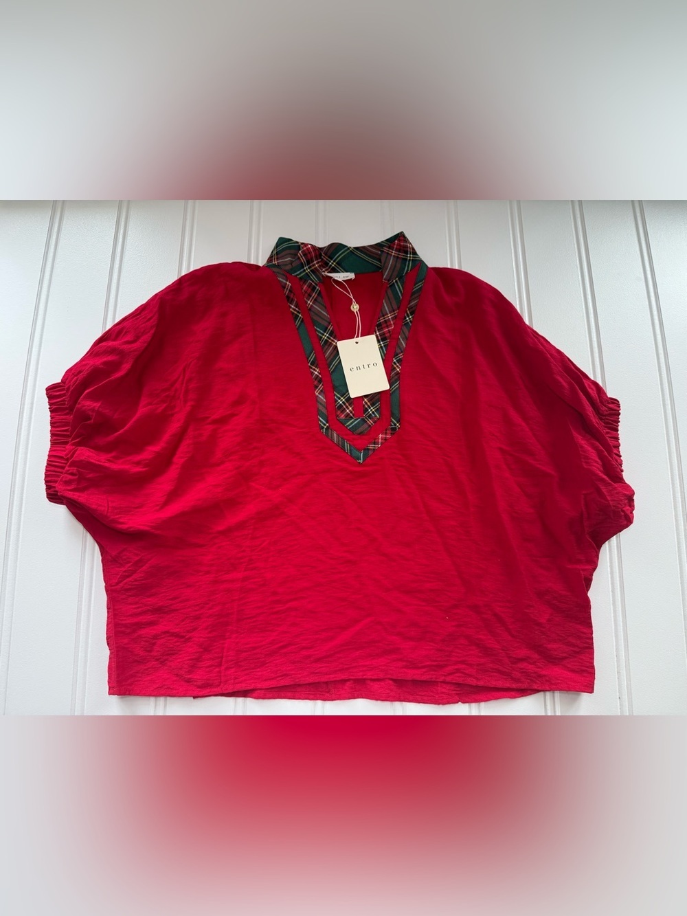 Entro Red Plaid Trim Dolman Sleeve Blouse Holiday Top Women Large NEW 3080